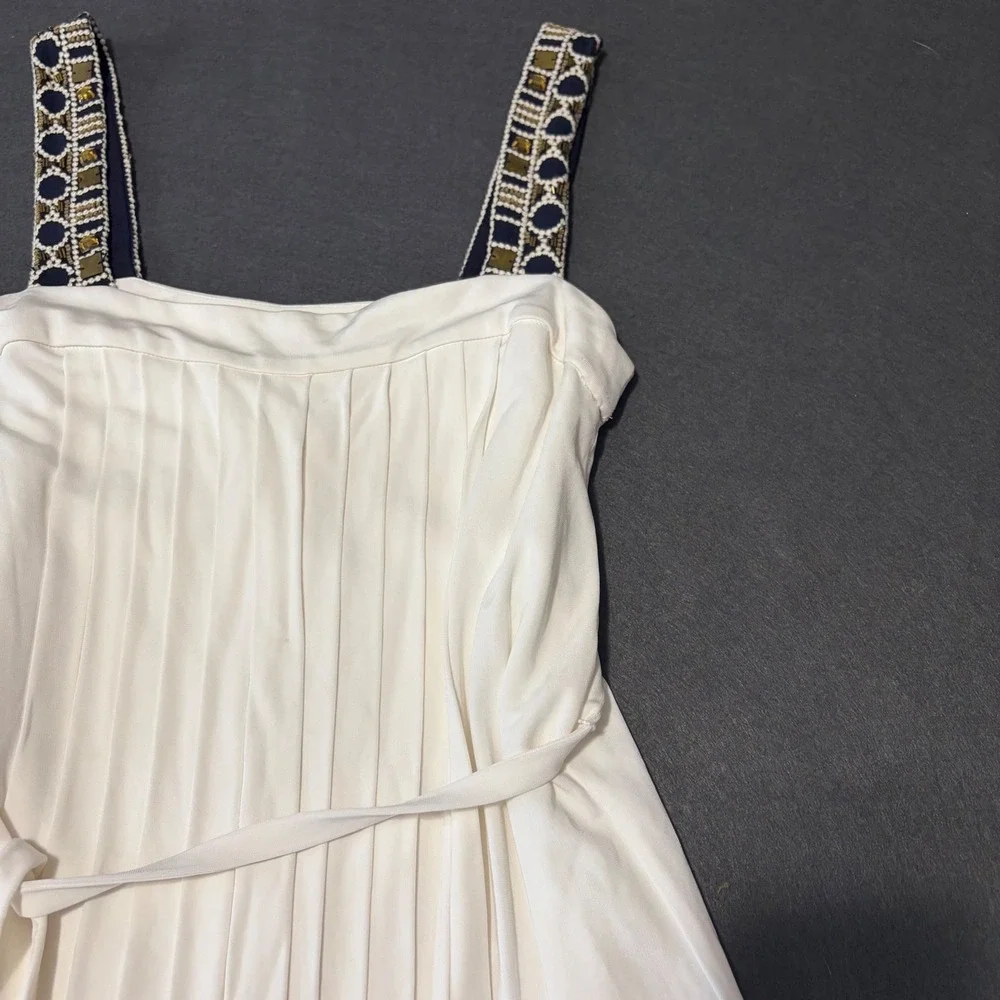 Tory Burch Pleated Midi Dress Women M White Designer Beaded Relaxed Greecian